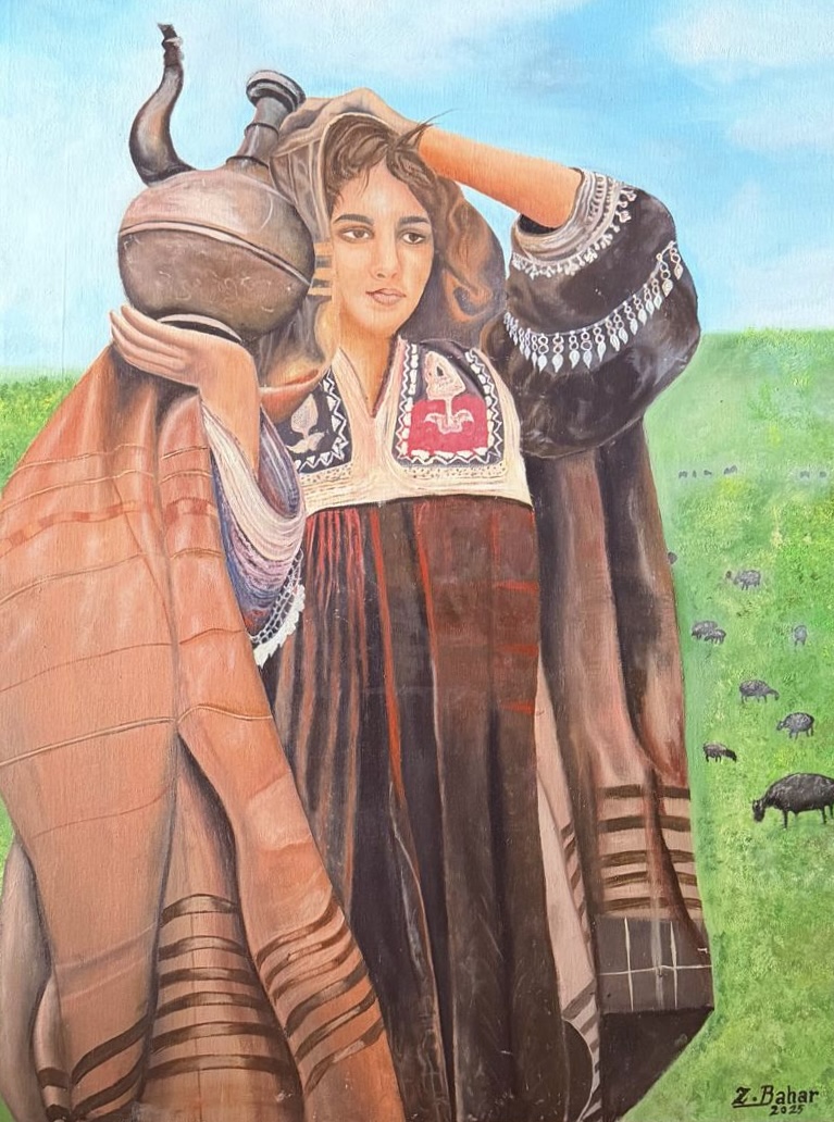Daughter of the Homeland, a traditional woman in an open landscape carrying cultural symbols