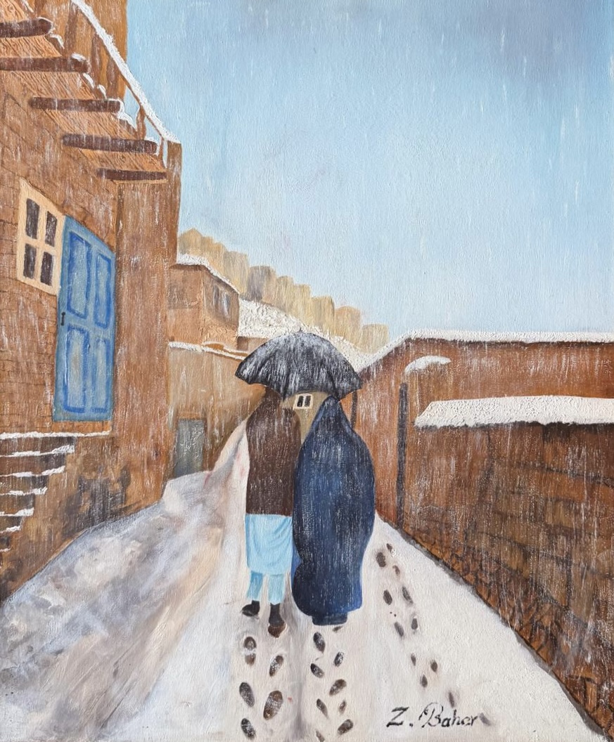 Under One Umbrella, figures walking beneath a shared umbrella through a snowy Afghan neighborhood