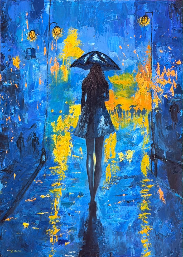 Through the Rain, a solitary figure walking through a rain-soaked city in blue and golden light