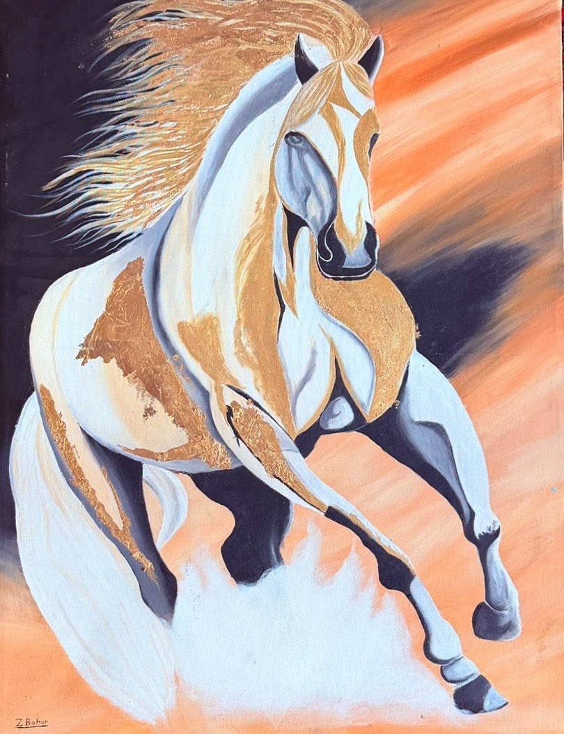 Spirit in Motion, a powerful white horse moving through dramatic light and shadow