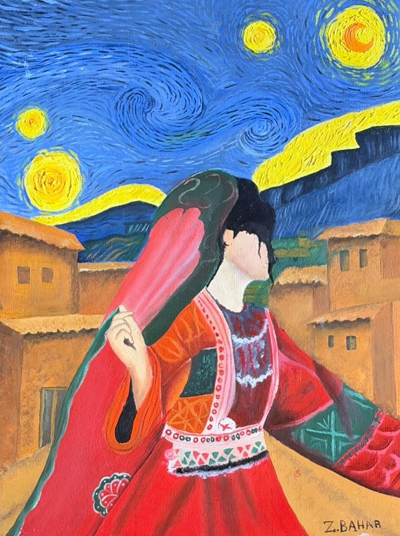 Dreams Beneath the Stars, a young woman looking back beneath a dreamlike star-filled sky